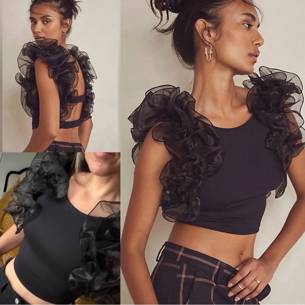 Free People House Party Crop Top black open back ruffle sleeve